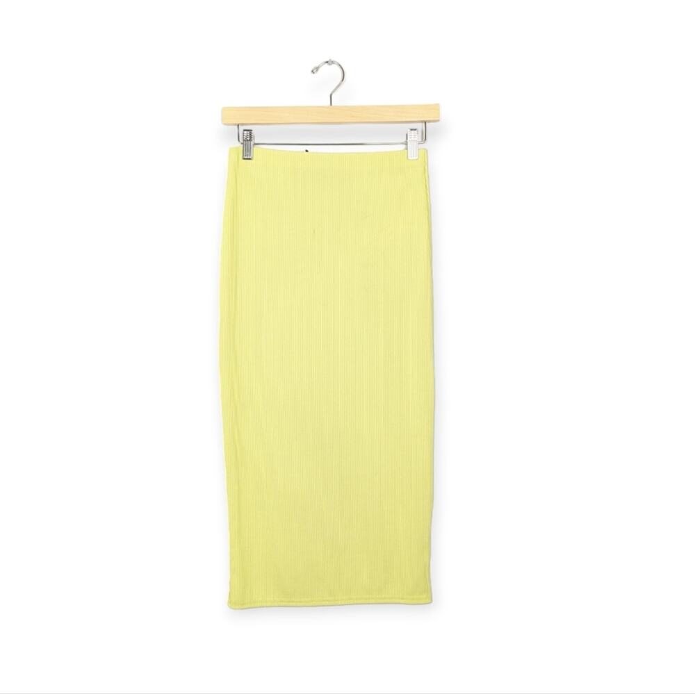 River Island Midi Skirt 4 Neon Yellow Green Ribbed Knit Bodycon NWT
